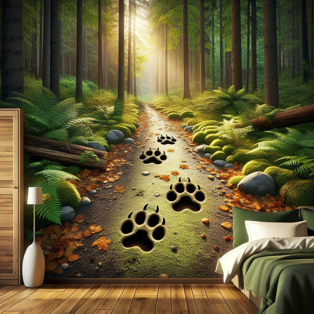 Dog and bobcat prints on a forest trail, differentiating round dog prints with claw marks from oval bobcat prints without claw marks.