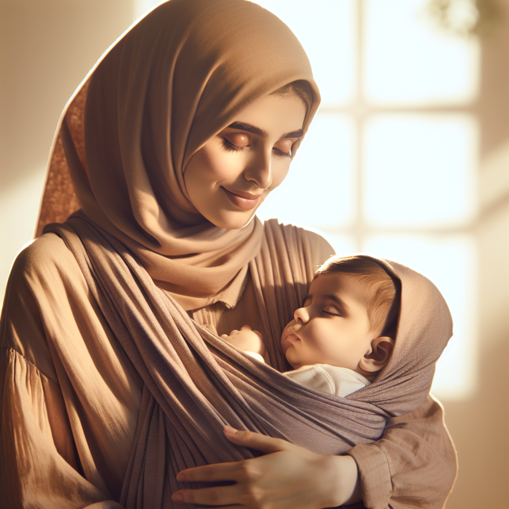 A woman wearing a baby in a sling, showcasing a warm and intimate bond.