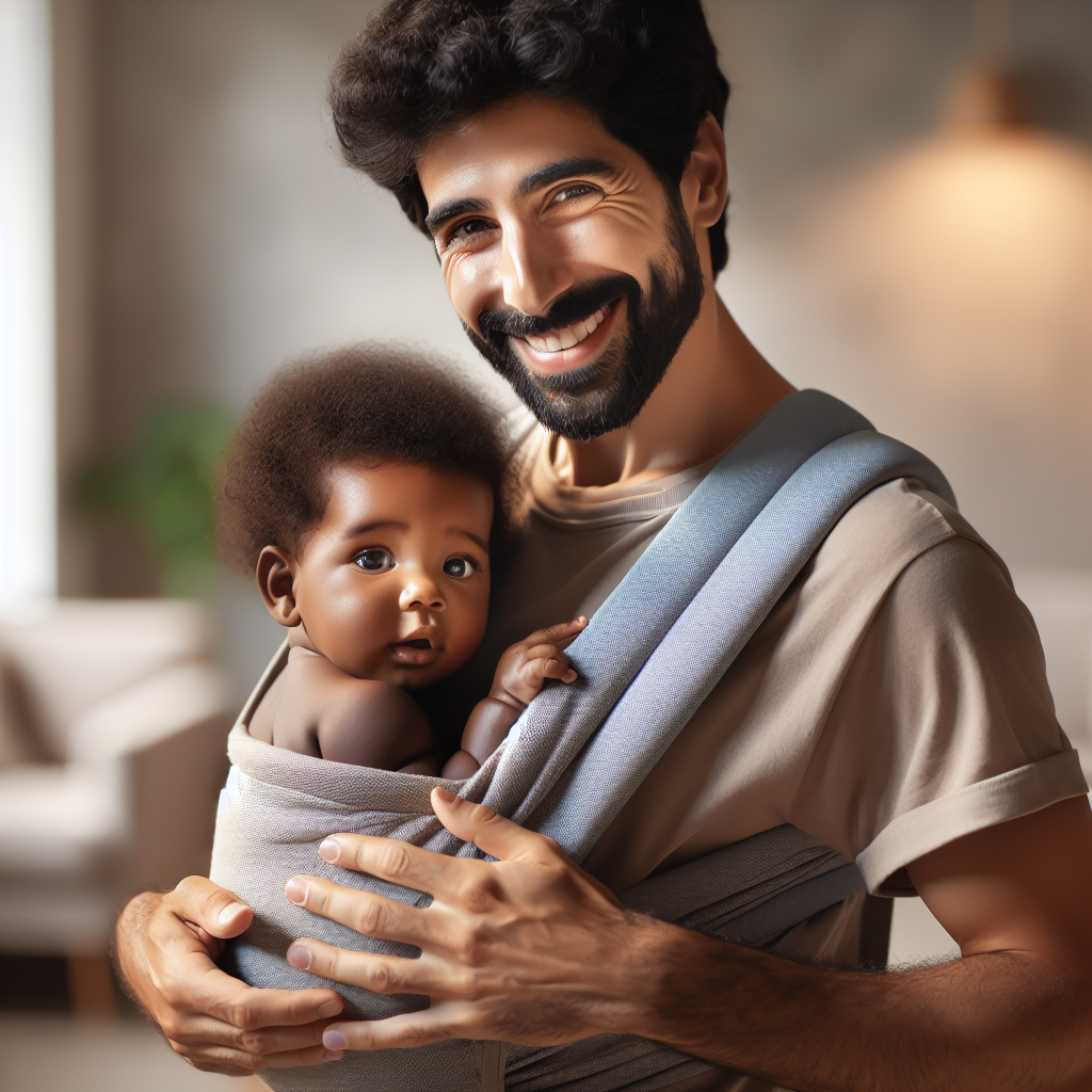 A caregiver wearing a baby in a sling, showing a nurturing and intimate bond.