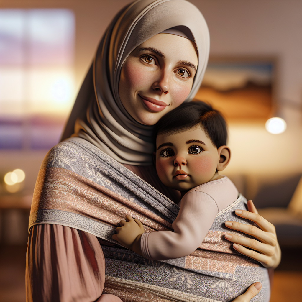 A caregiver using a sling to carry a baby in a cozy home setting.