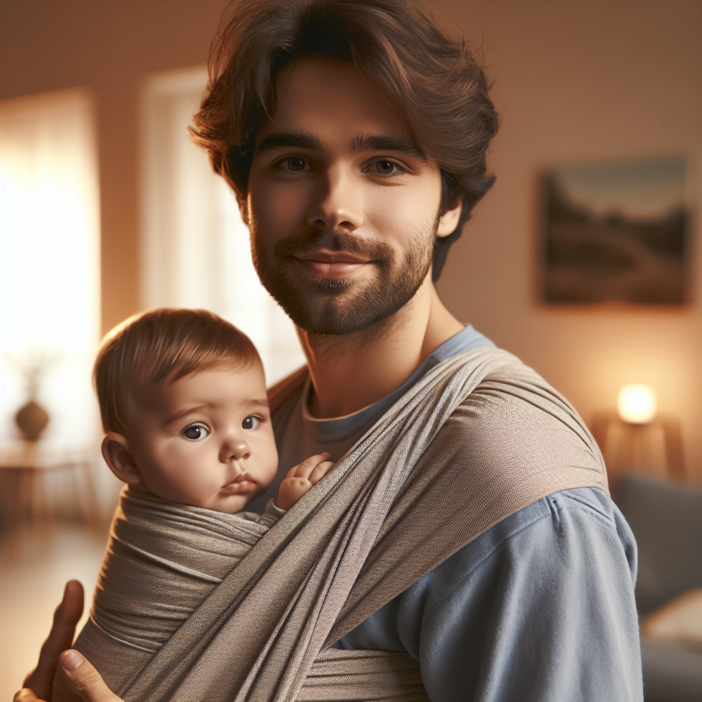 A caregiver practicing baby wearing by carrying an infant in a fabric sling in a cozy home setting.