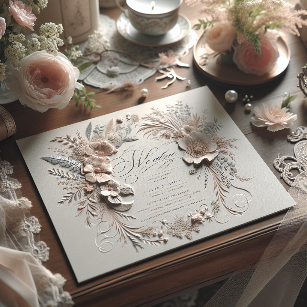 Handmade wedding invitation card on a wooden table with floral and vintage decor.