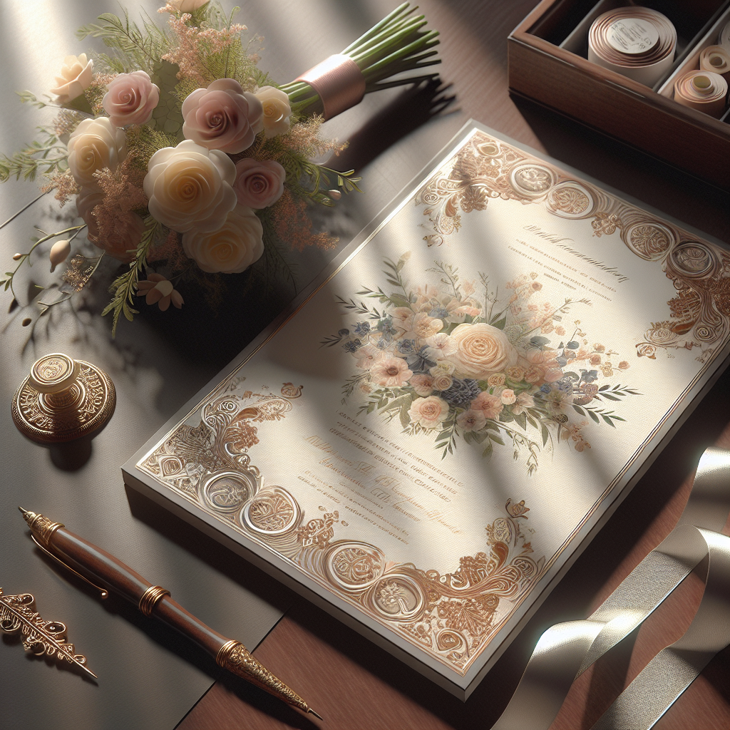 A realistic wedding invitation card on a wooden table surrounded by flowers, a vintage pen, and a ribbon.