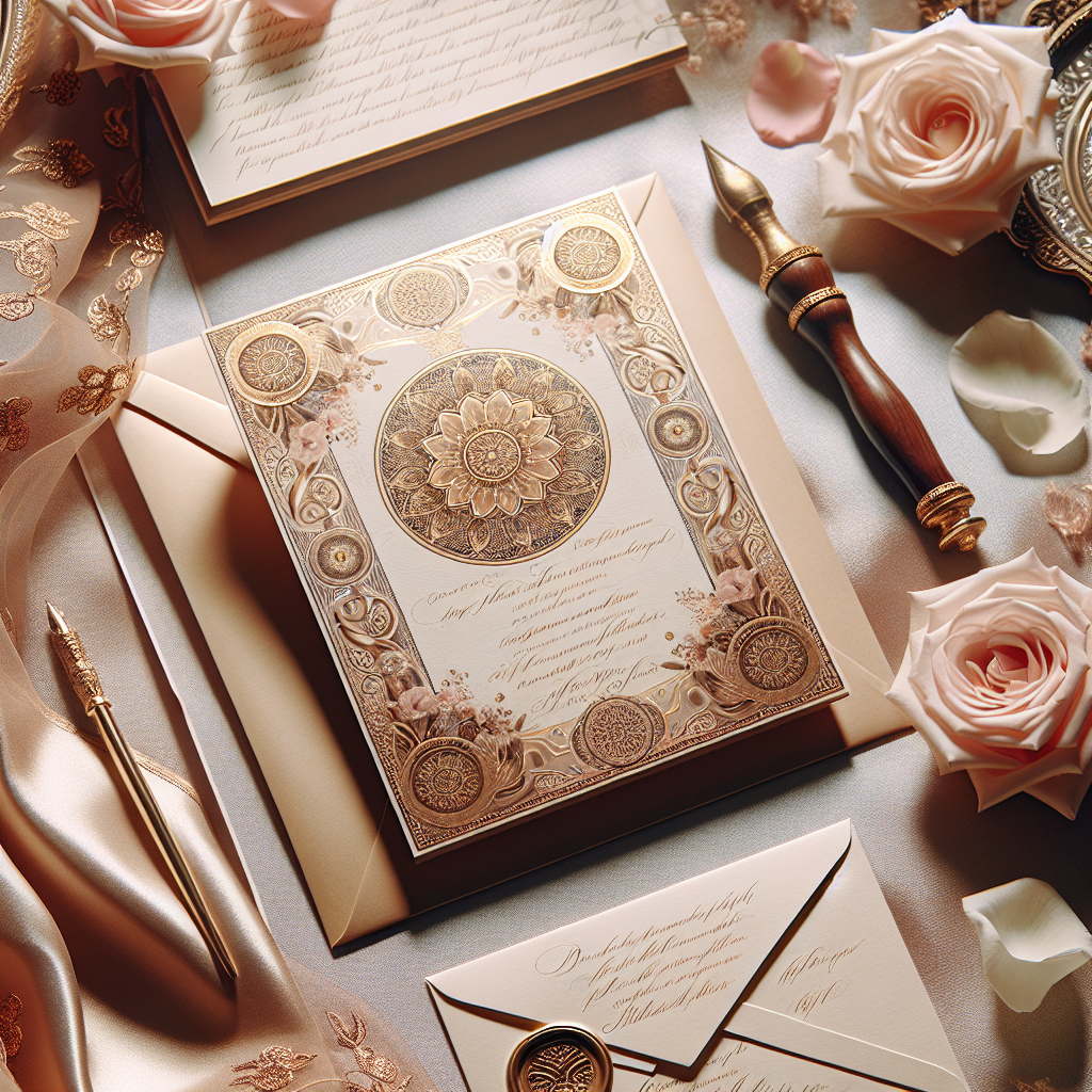 A beautifully designed wedding invitation card on an elegant table with rose petals, a calligraphy pen, and an envelope with a wax seal.