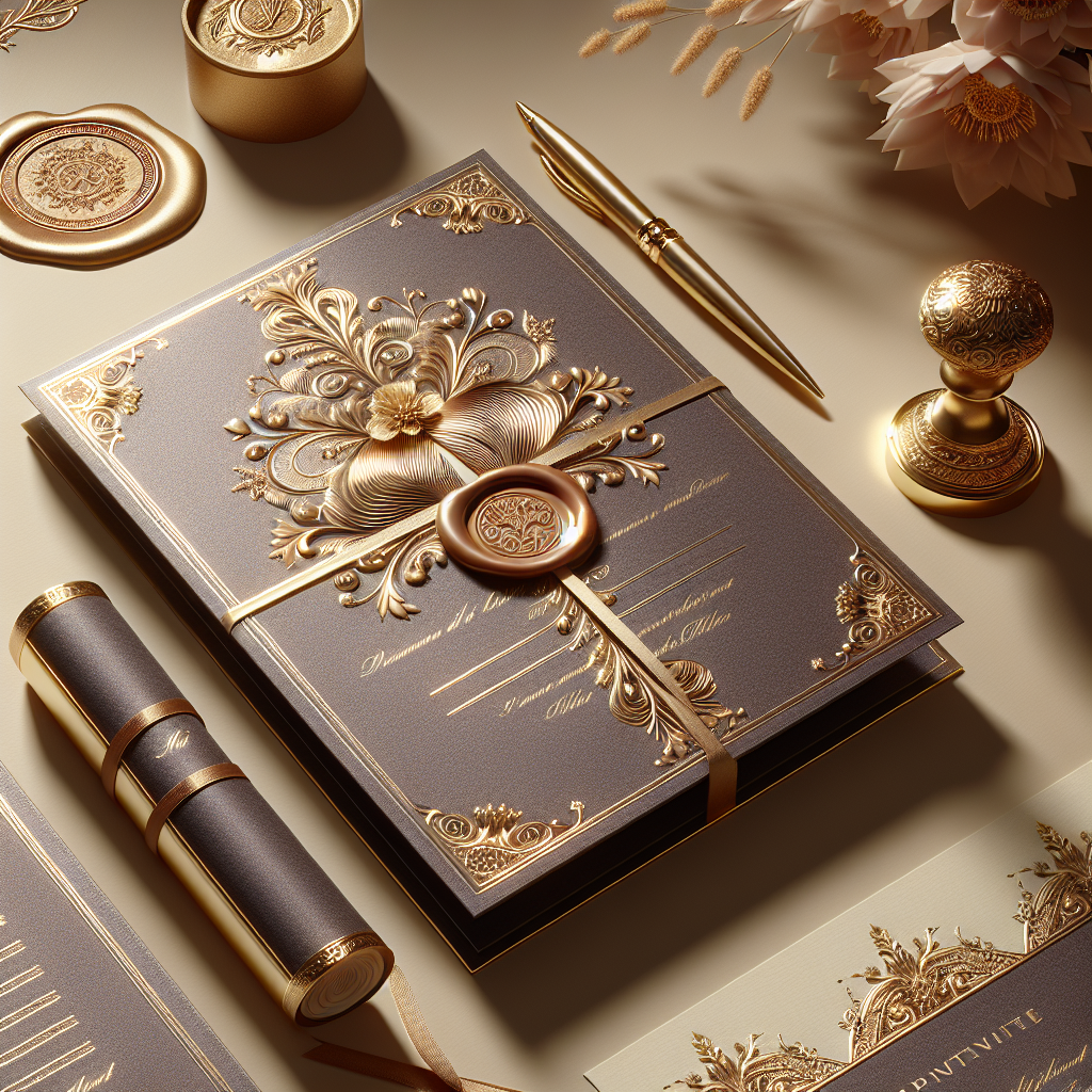 A realistic image of an elegantly designed wedding invitation card set on a table with accompanying decorative elements.