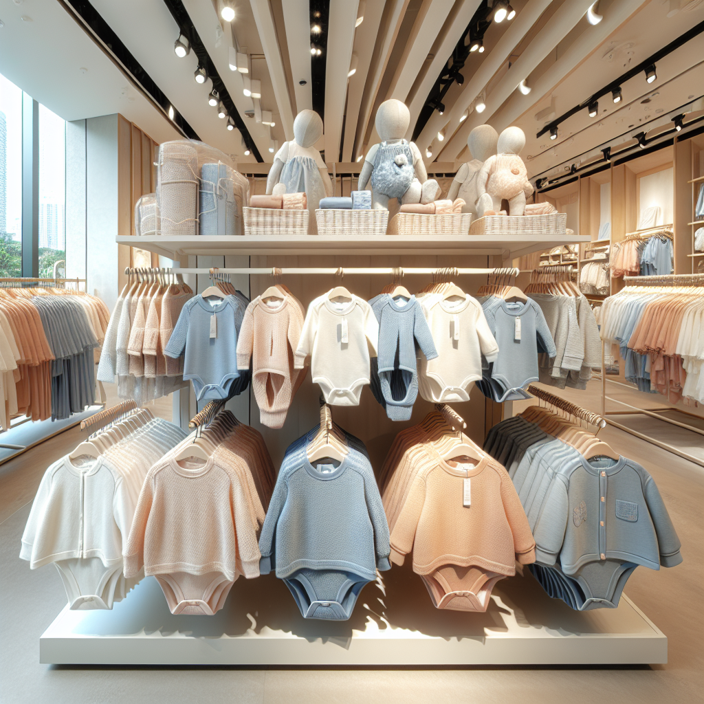 An organized display of H&M baby clothes in a modern retail store in Singapore, showcasing various baby garments in pastel colors.