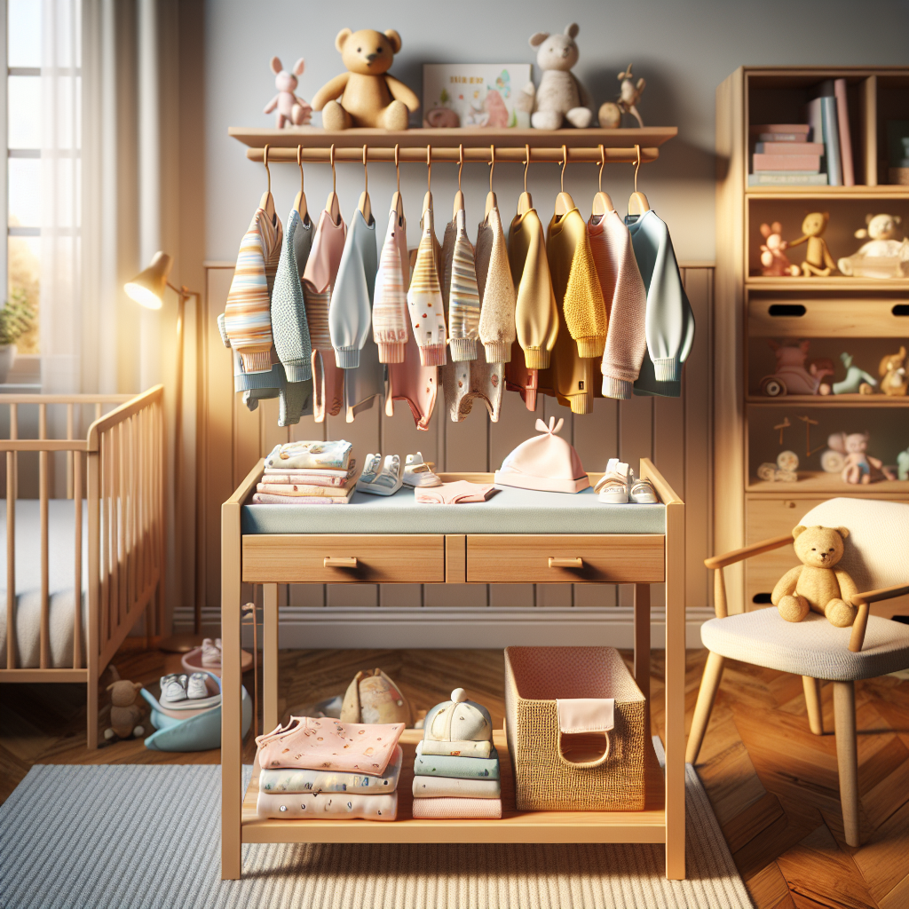 A cozy baby nursery room featuring H&M baby clothes on a changing table and wardrobe.