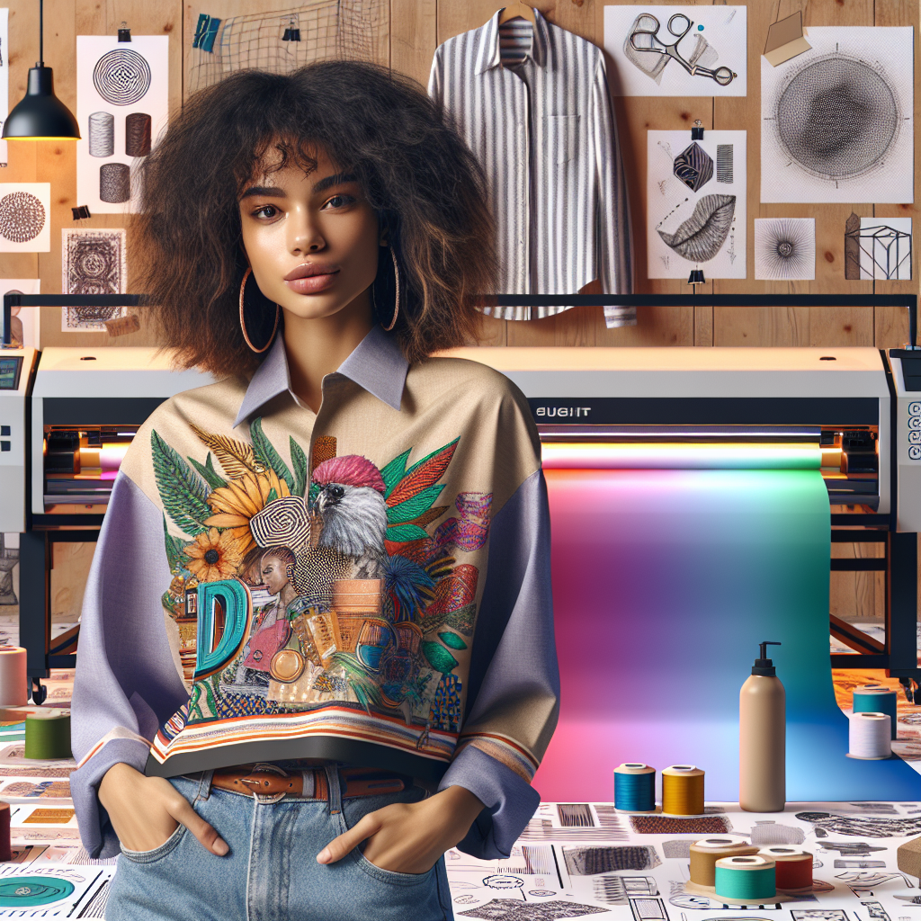 A young woman in a modern studio wearing a customized t-shirt, representing H&M's Print on Demand service.