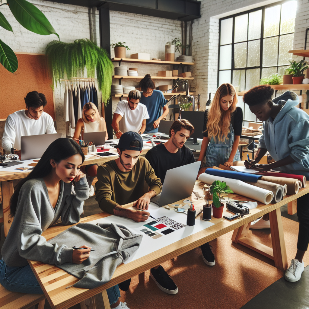 A group of young adults designing custom clothing at a modern, eco-friendly workspace.