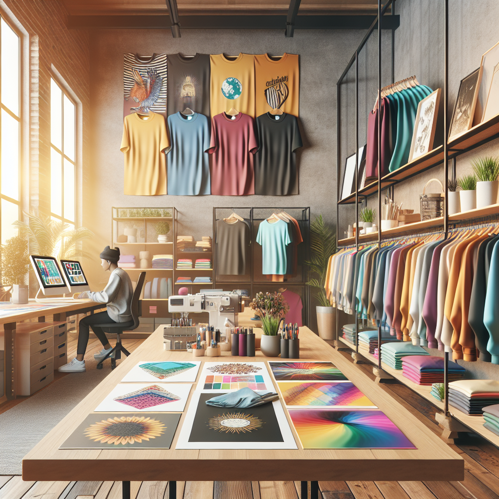 Modern print-on-demand clothing studio with H&M branded items and a designer working on a tablet.