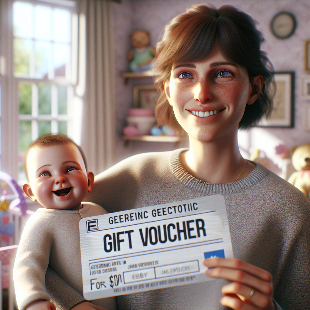 A realistic image of a parent holding a Mothercare e Gift Voucher in a cozy nursery.