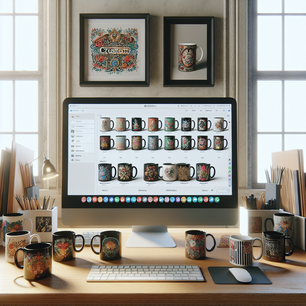 A modern e-commerce workspace featuring a computer screen with a custom mug design interface and various colorful mug samples.