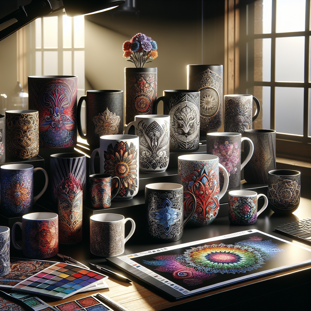 A variety of custom print on demand mugs on a well-lit desk, showcasing different designs and sizes.