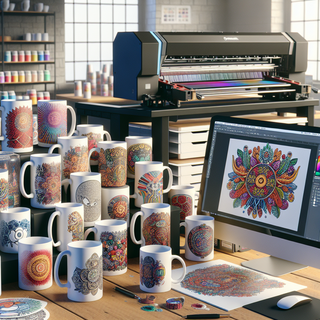 A realistic workspace for creating custom print-on-demand mugs with various mug designs, design software, and printing equipment.