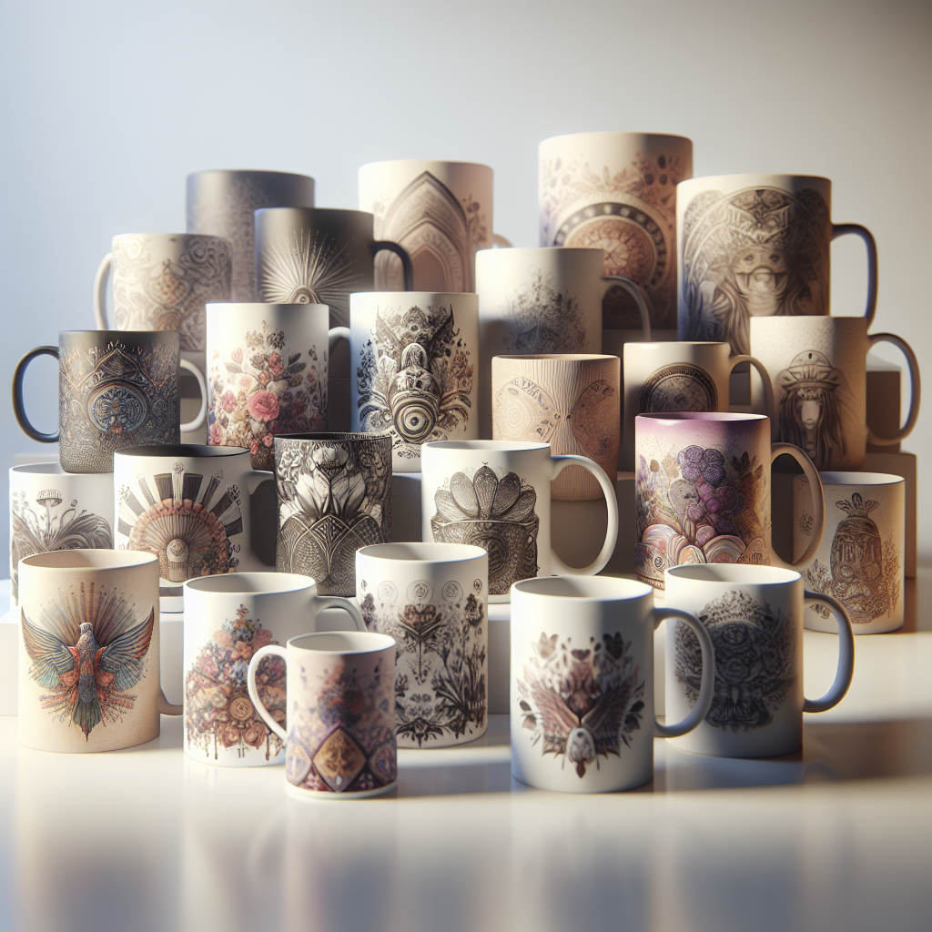 Various customized print-on-demand mugs with vibrant designs displayed in a clean, well-lit studio setting.
