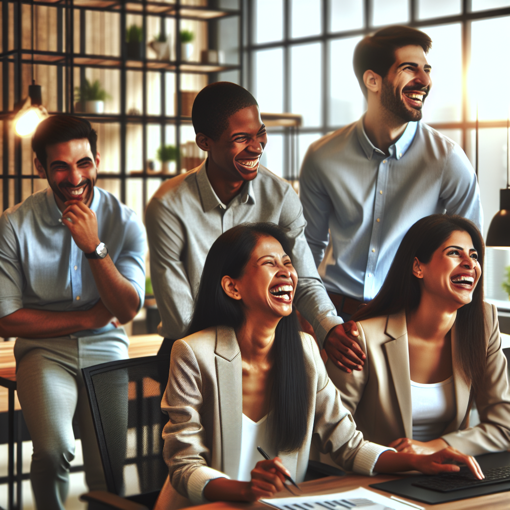 A lively modern office with employees laughing and collaborating.