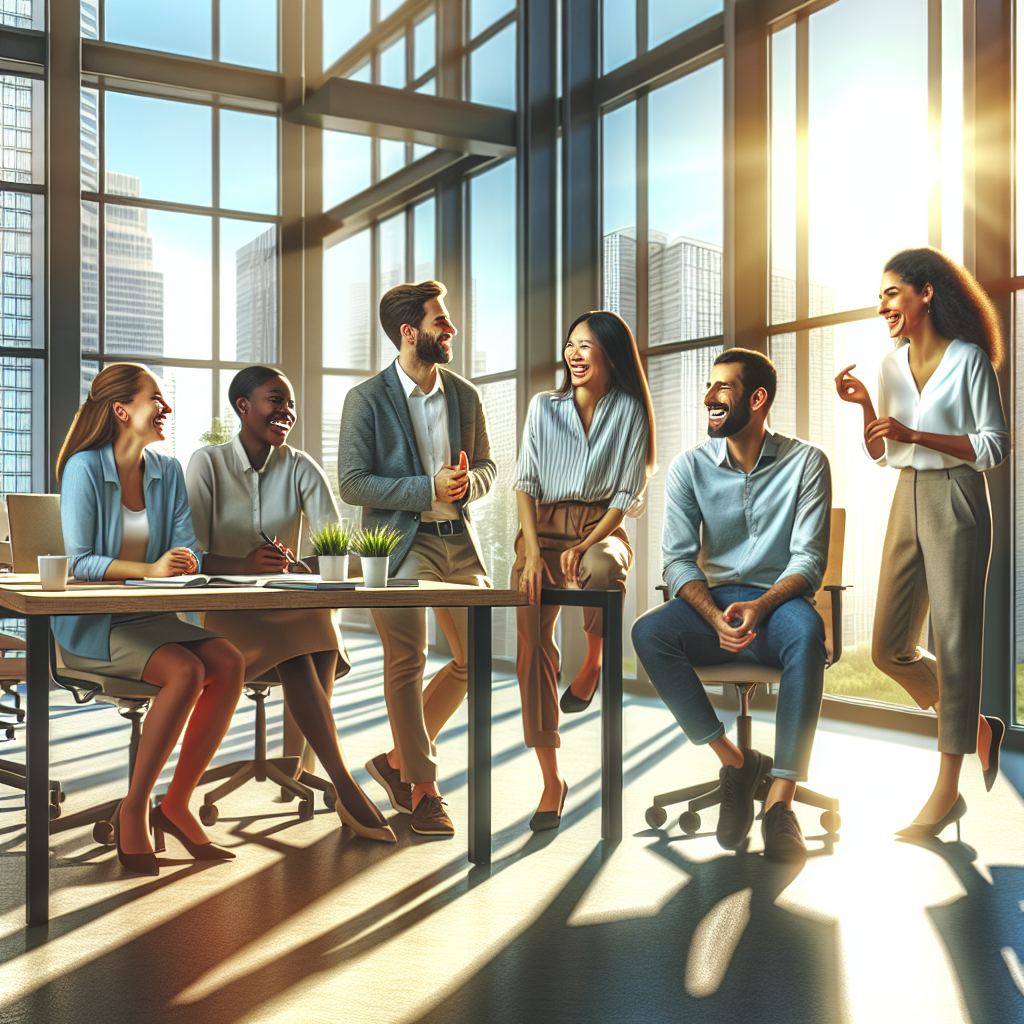 Diverse employees in a modern office, engaging in light-hearted conversation and laughter.