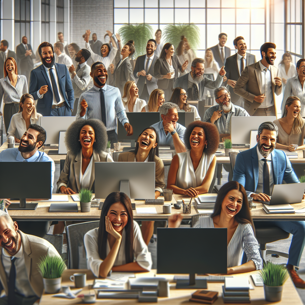 Employees in a modern office environment laughing and interacting positively.
