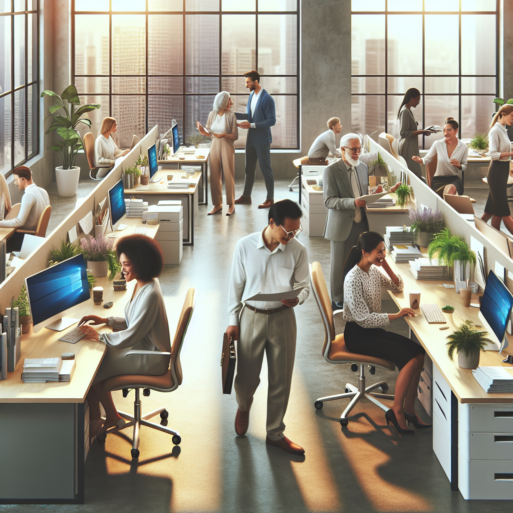 An image of a modern office with employees laughing and interacting in a positive and collaborative environment.