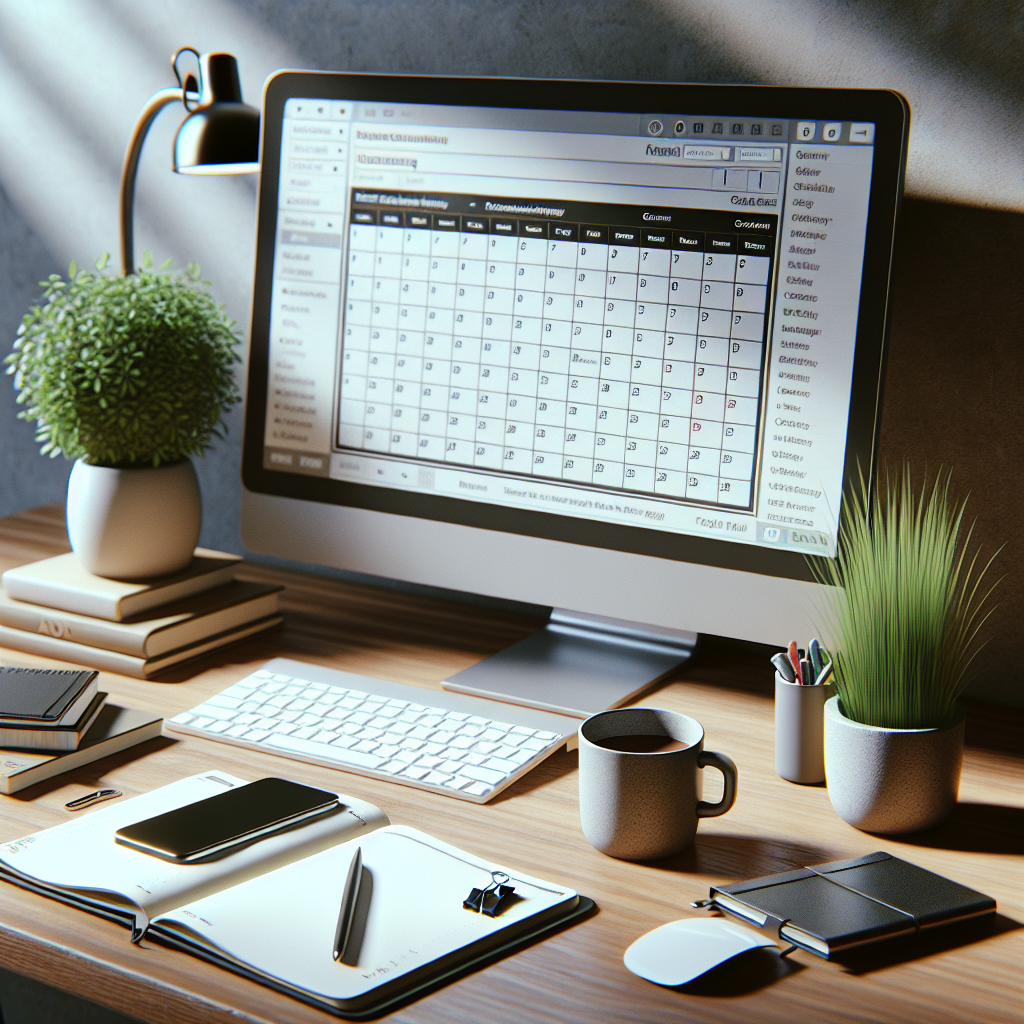 Modern office workspace with a computer displaying Outlook Calendar for importing public holidays.