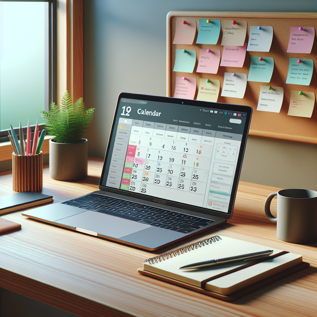 An organized workspace with a computer displaying a calendar with highlighted public holidays.