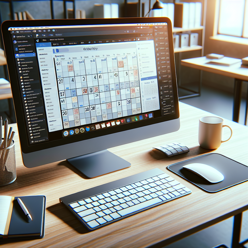 A workspace with a computer screen displaying a Microsoft Outlook calendar with public holidays marked, emphasizing a clean and organized setting.