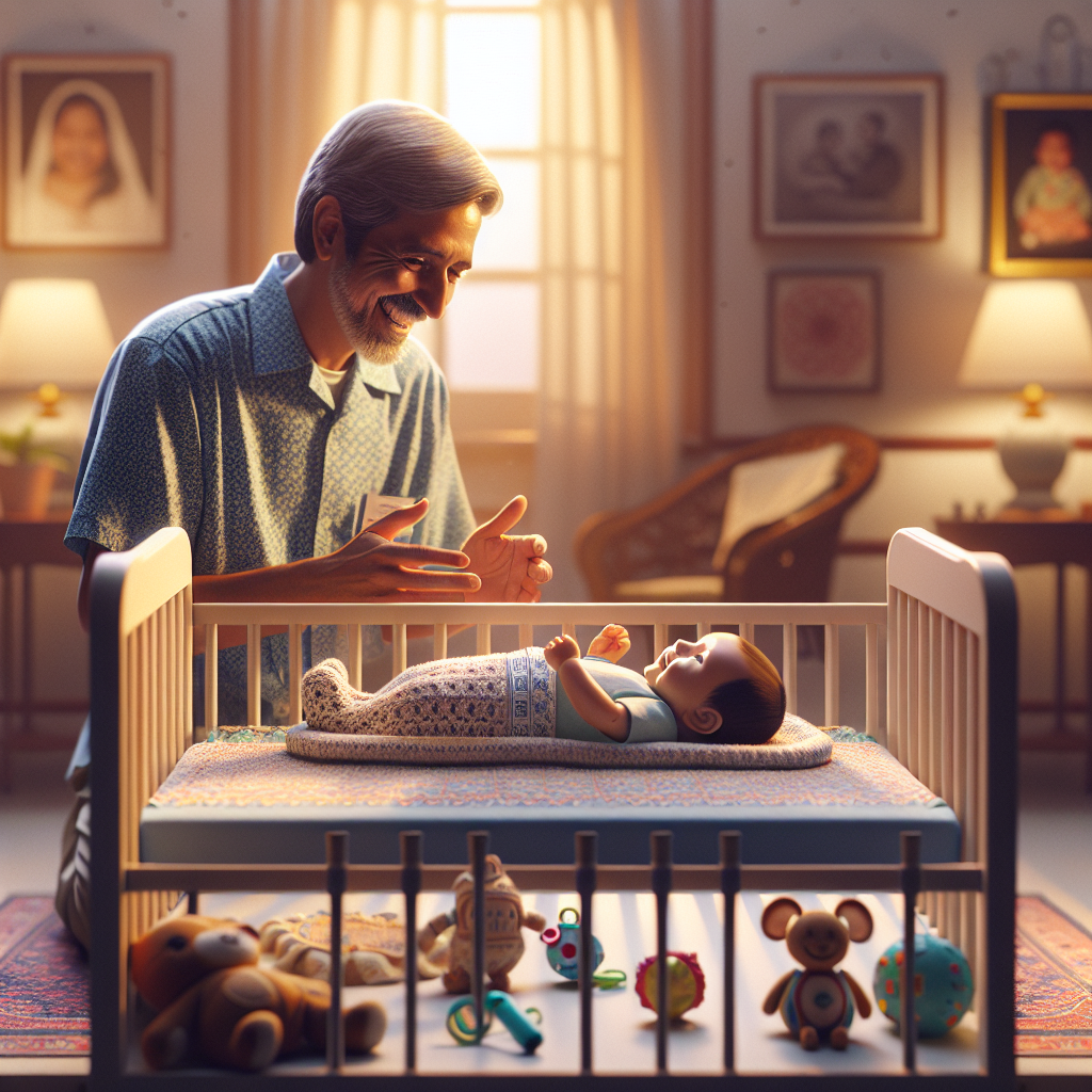 A scene depicting comprehensive infant care with a secure infant in a safe crib and a caregiver engaging warmly.