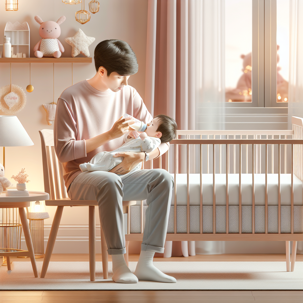 A cozy nursery room with a baby crib and a caregiver feeding an infant.