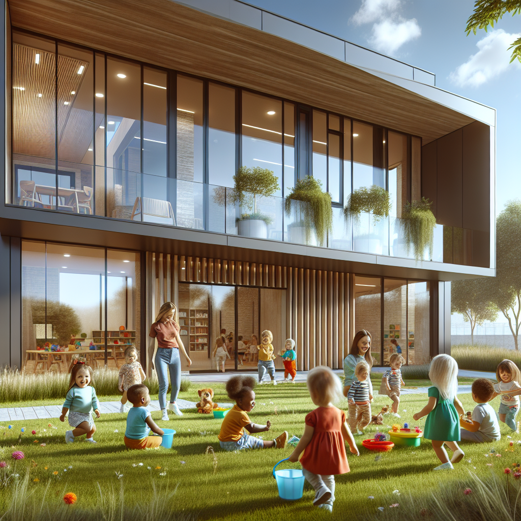 E-Bridge Infant Care & Childcare Centre with children playing and educators supervising in a serene, modern environment.