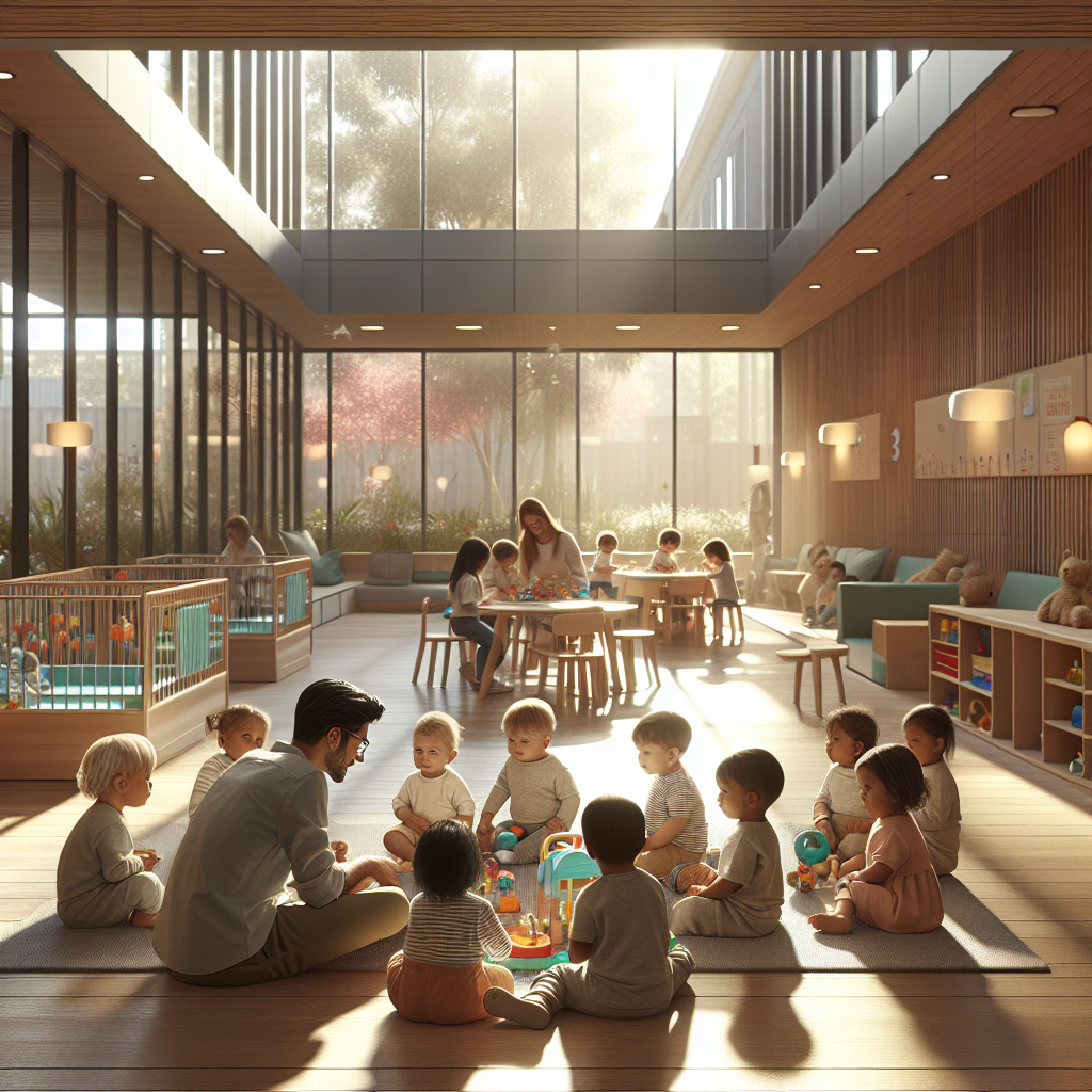 A realistic depiction of the E-Bridge Infant Care & Childcare Centre with an educator engaging with young children in a serene, well-lit environment.