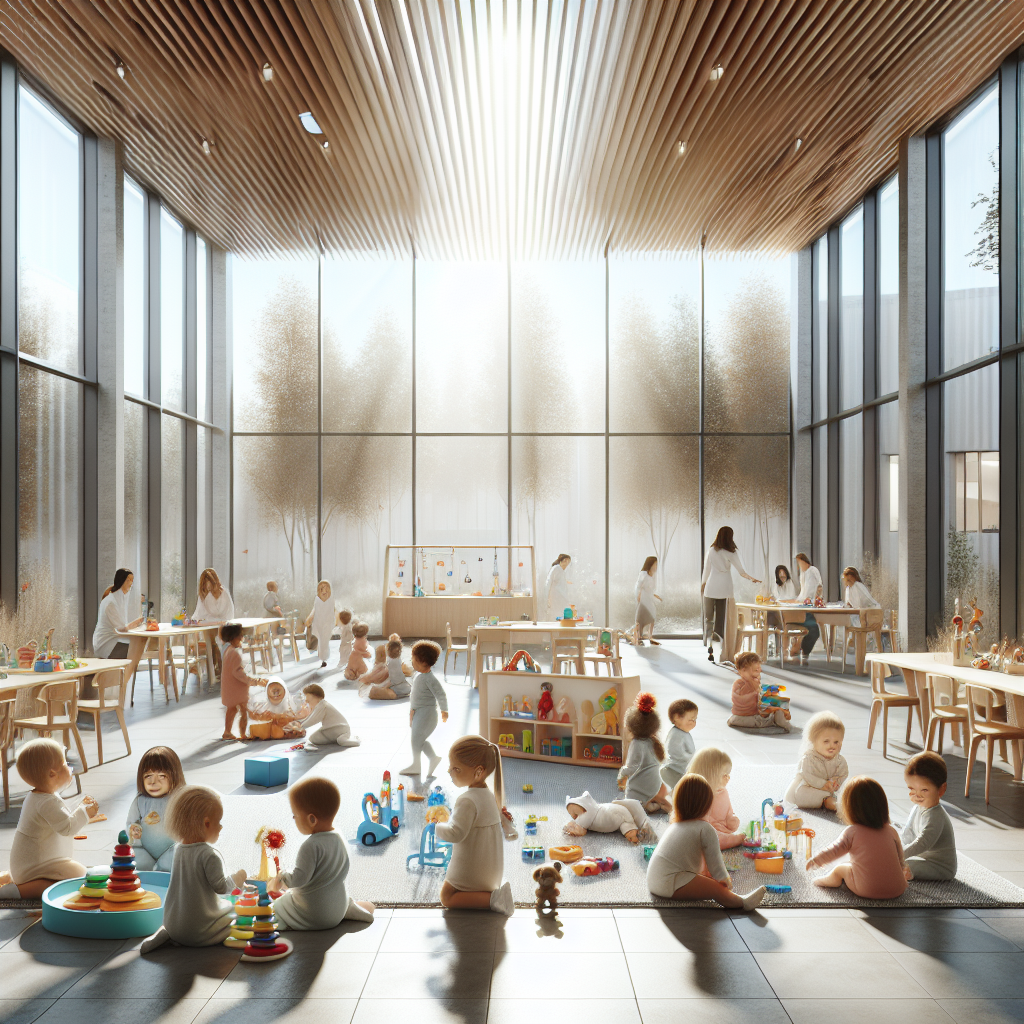 A realistic depiction of a nurturing daycare at E-Bridge Infant Care with infants and young children engaged in activities.