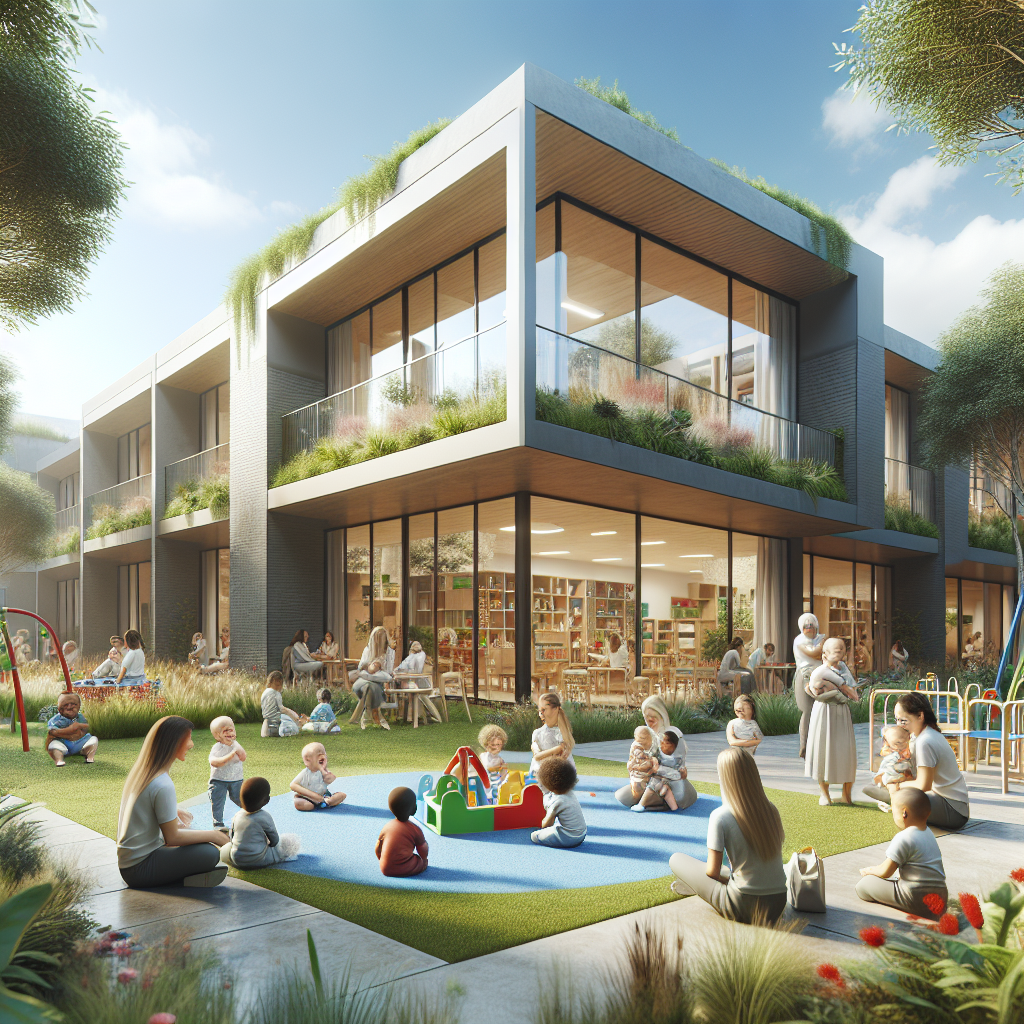 Realistic image of E-Bridge Infant Care & Childcare Centre with children and educators in a serene environment.