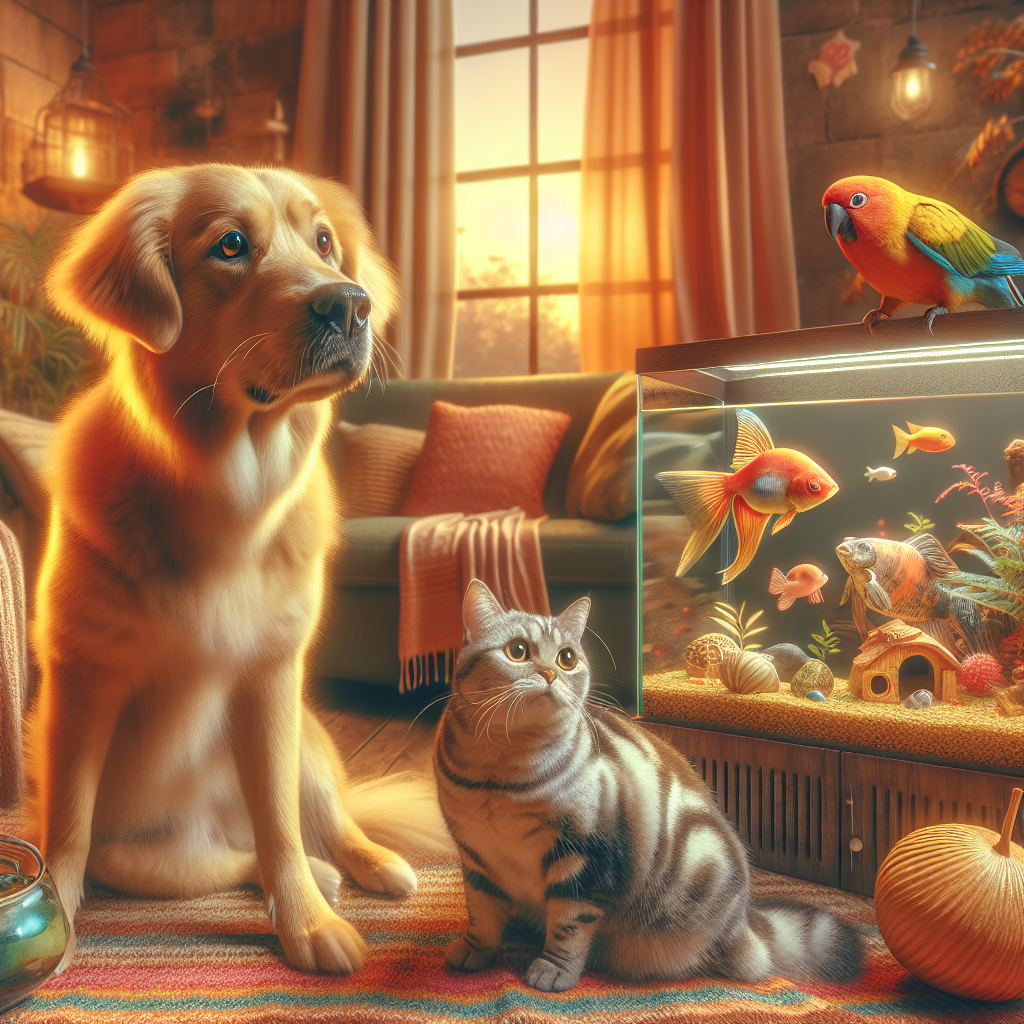 A welcoming living room with a dog, cat, bird, and aquarium, representing 'Introduction to Pets on Q.com'.