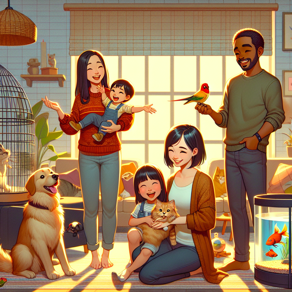 A happy family with their pets in a cozy living room, featuring a dog, cat, bird, and fish tank.