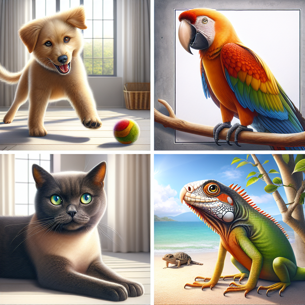 Various pets including a dog, cat, parrot, and lizard depicted realistically.