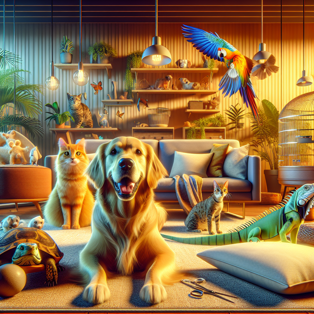 Welcoming pet homepage with a dog, cat, bird, and lizard in a comfortable living room setting.