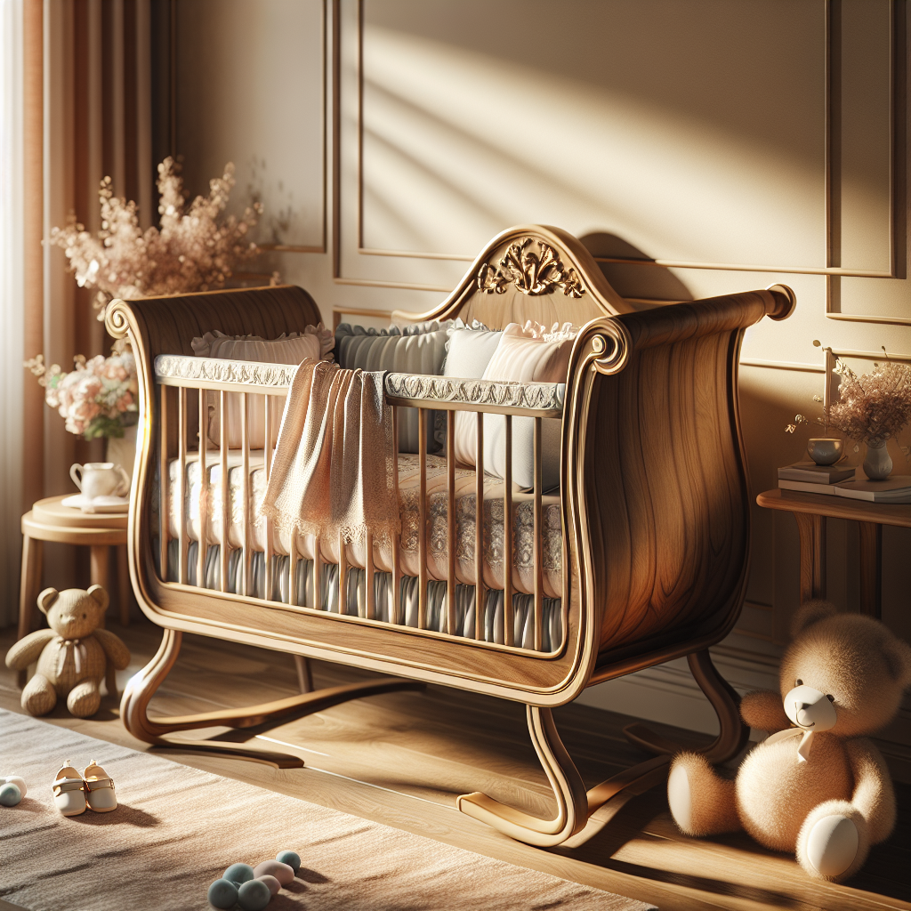 A well-lit nursery with a polished wooden baby cradle, soft pastel bedding, plush toys, and a calming atmosphere.
