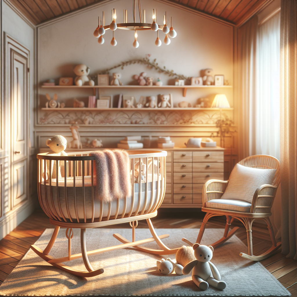 A cozy nursery room with a beautifully crafted wooden baby cradle.