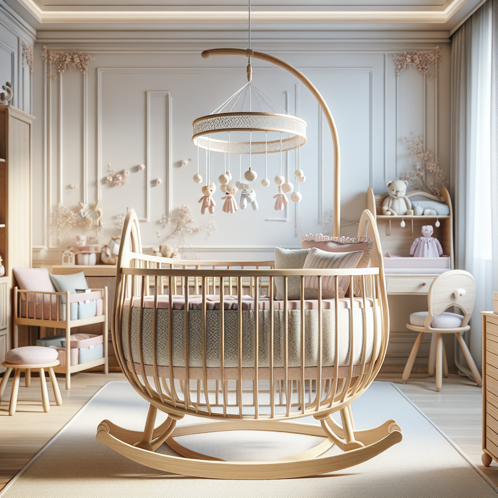 A realistic image of a cozy baby nursery featuring a light wooden baby cradle with soft bedding and a mobile overhead.