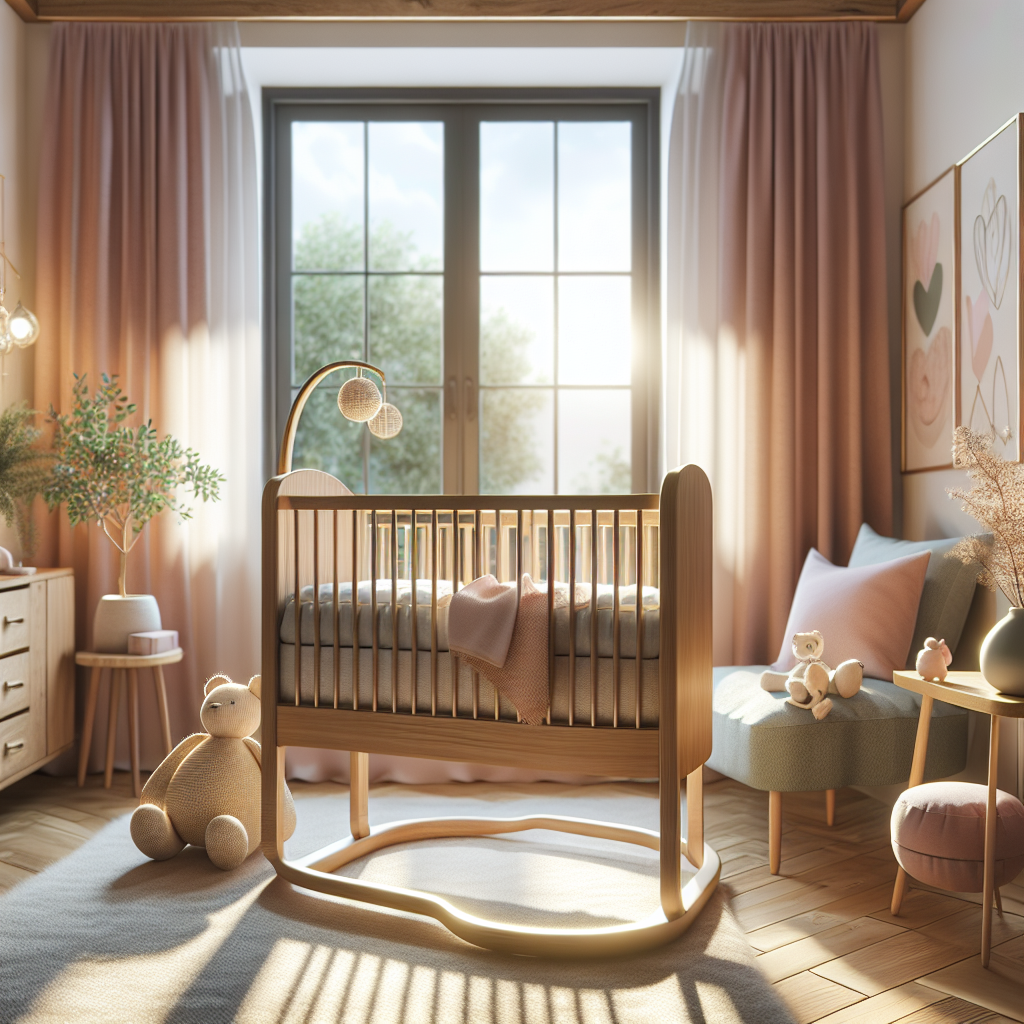 A realistic depiction of a baby room with a wooden baby cradle near a softly lit window, pastel decor, and cozy furnishings.