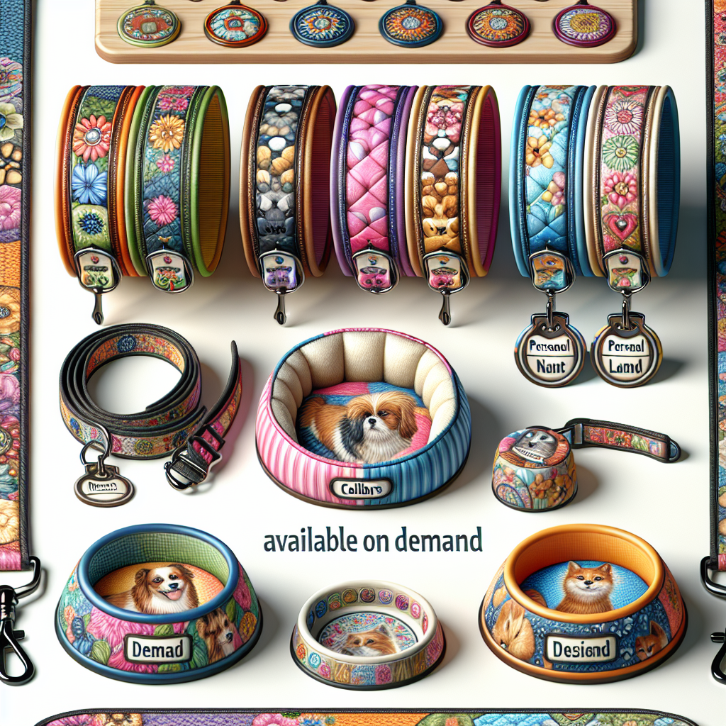 Various print on demand pet supplies including personalized collars, leashes, pet beds, and feeding bowls.