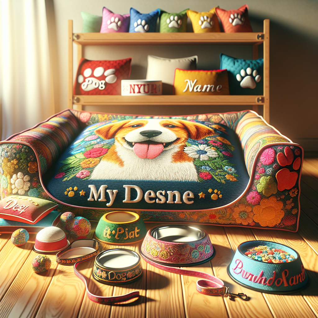 A display of custom pet supplies including a bed, feeding bowl, and leash in a well-lit room.