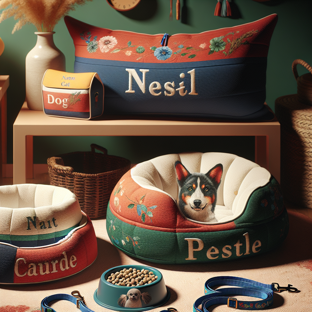 Customized pet supplies including a cat bed, dog leash, and feeding bowl in a cozy home setting.