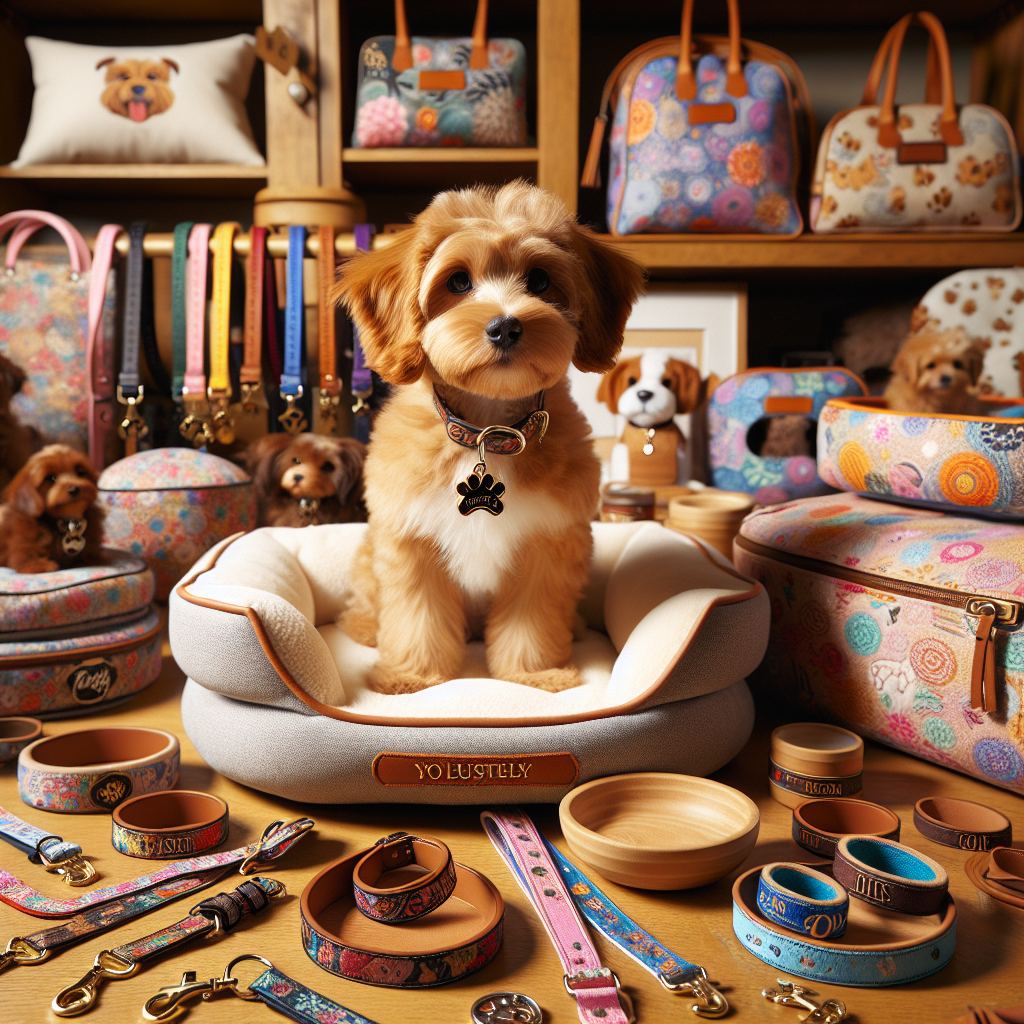 A realistic depiction of customized pet supplies including collars, leashes, beds, and bowls with a small dog sitting on a bed.