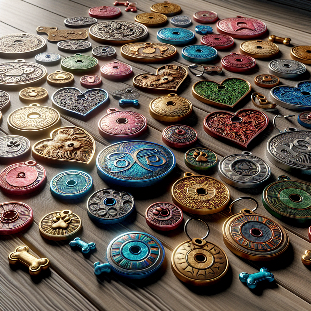 A realistic display of various customized print on demand pet tags in different shapes and colors on a wooden table.