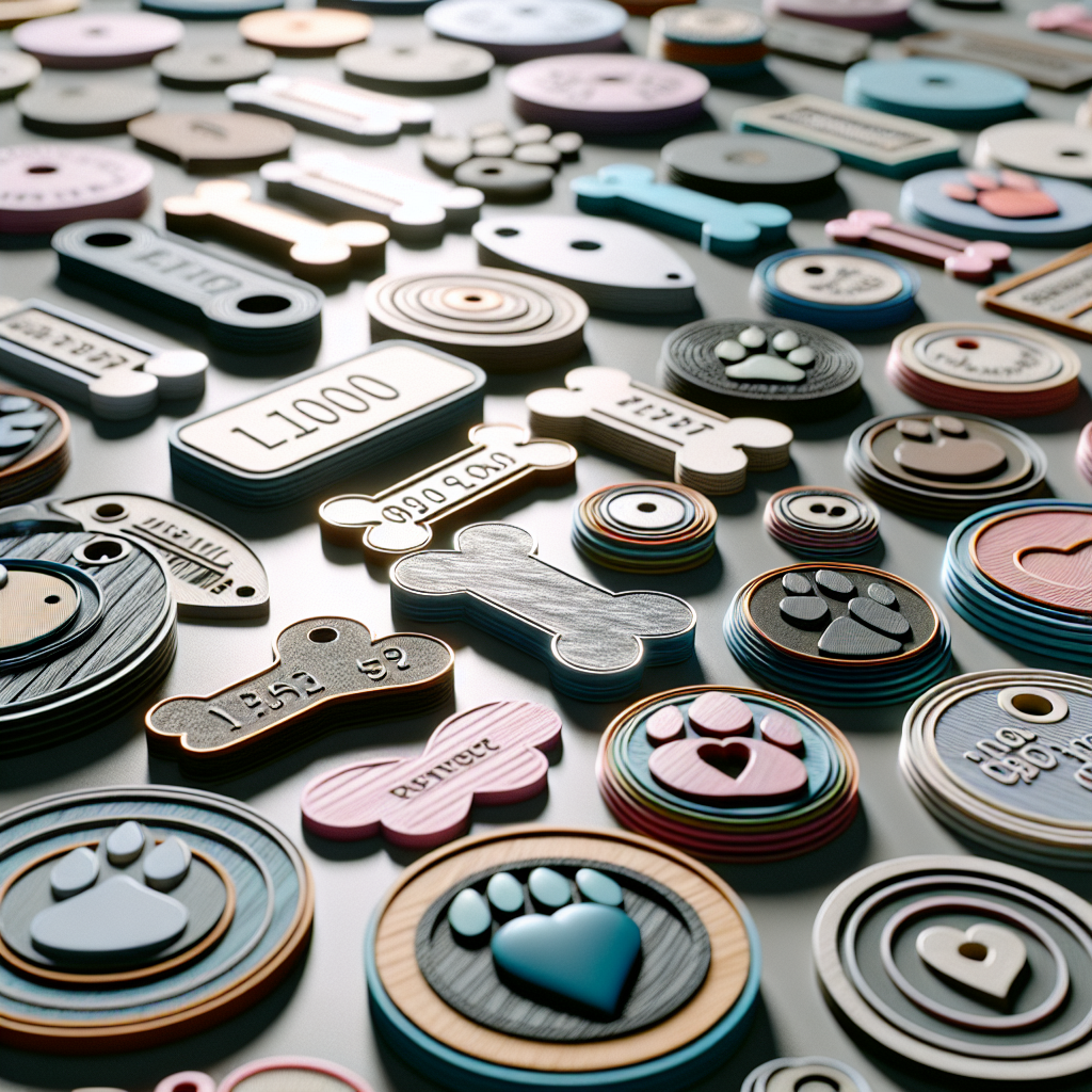 Customized print on demand pet tags made from various materials, showcased in a realistic and elegant display.