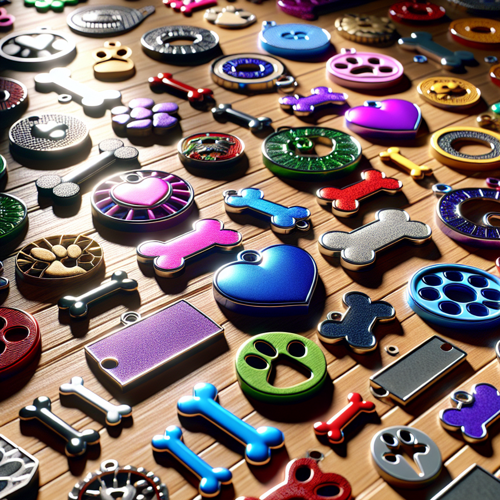 Various colorful customized pet tags on a wooden table.
