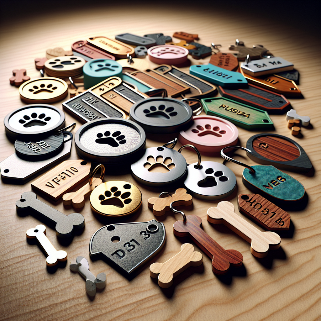 A realistic display of custom print on demand pet tags in various shapes and colors on a wooden surface.