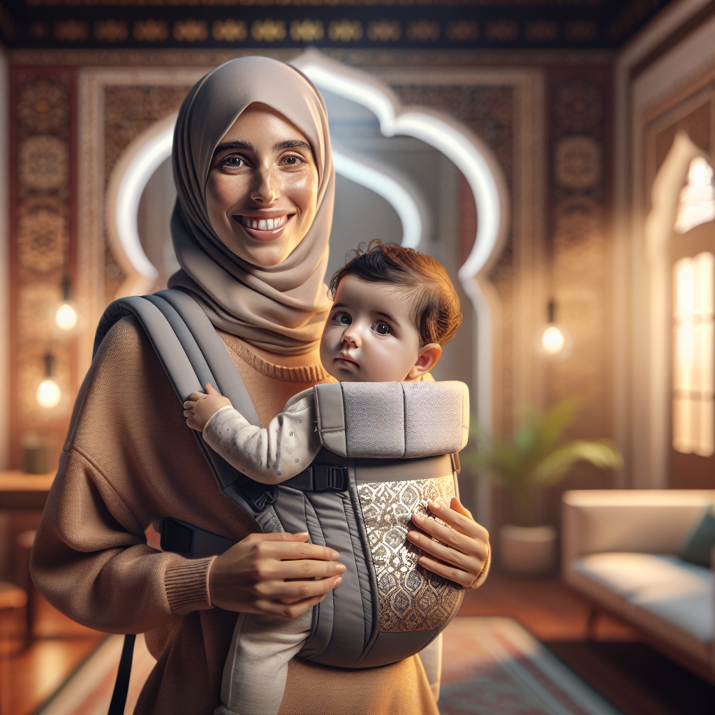 A parent carrying a baby in an ergonomic carrier in a cozy indoor setting.