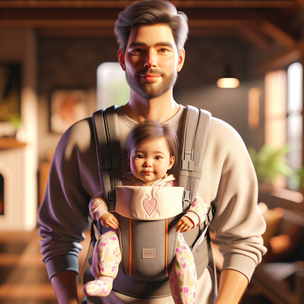 A parent carrying a baby in a baby carrier in a warm, comfortable home environment.